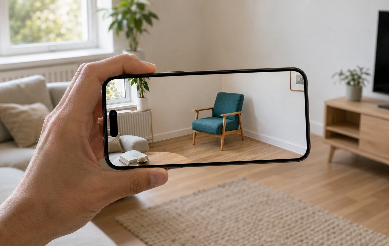 Cozzy AR view - virtual furniture placed in real living room
