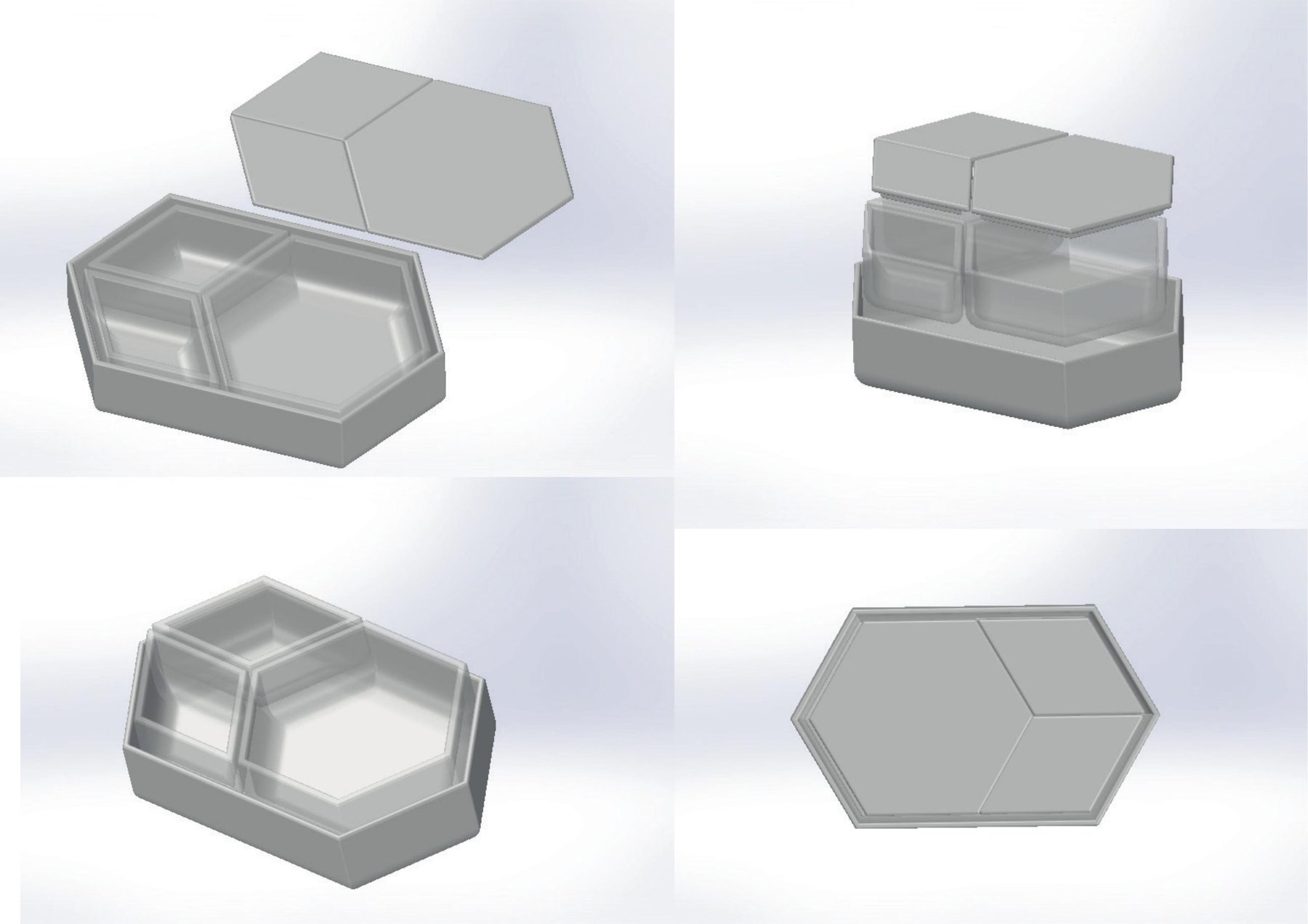 Four original SolidWorks CAD renders from 2020 showing the LIGHT BOX hexagonal lunchbox from multiple angles - assembled, separated, and top view revealing the three-compartment structure