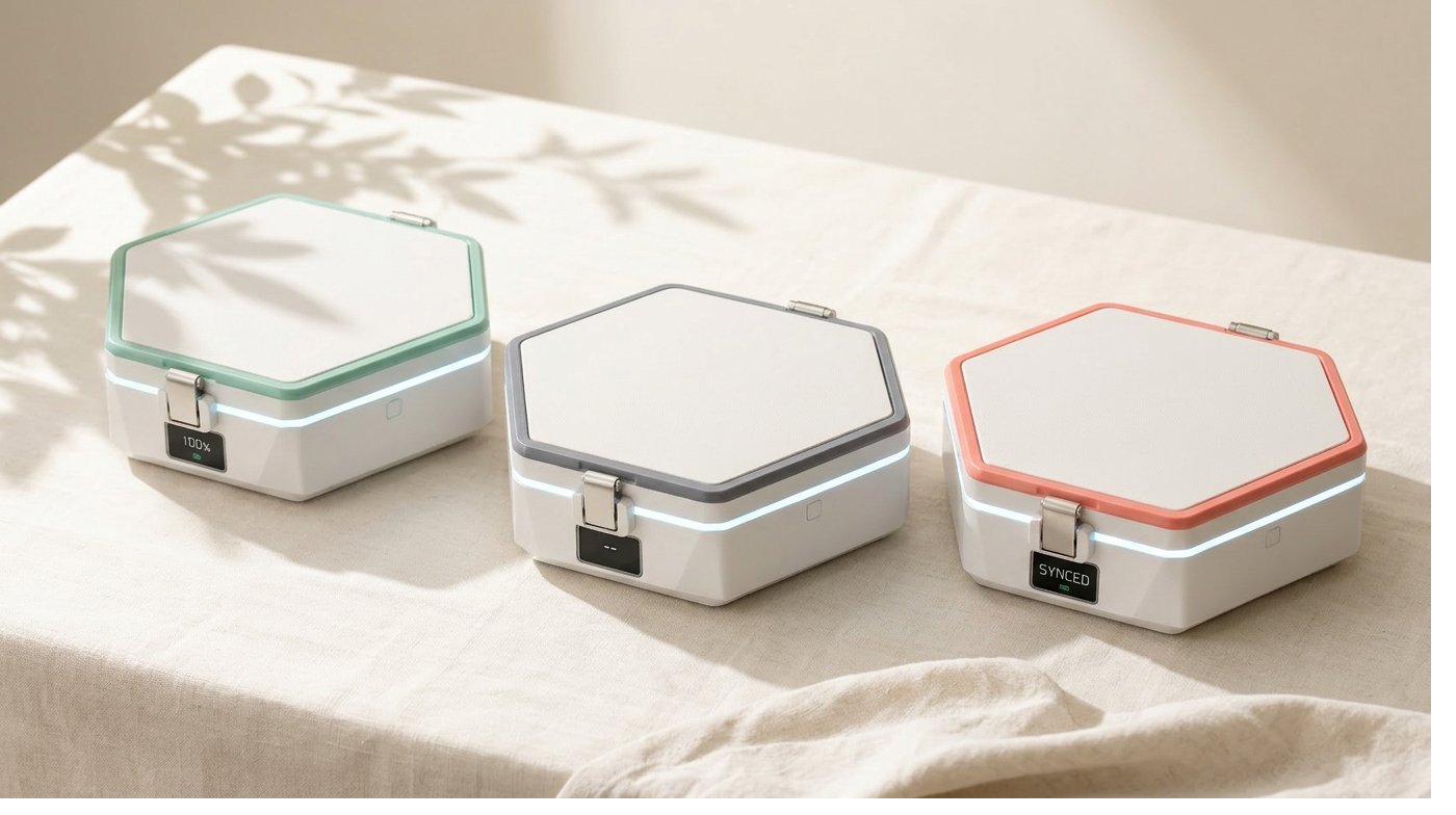 Three LIGHT BOX 2.0 units side by side in different colored trims - mint green, charcoal grey, and warm coral pink - showing the product family approach for the 2026 version