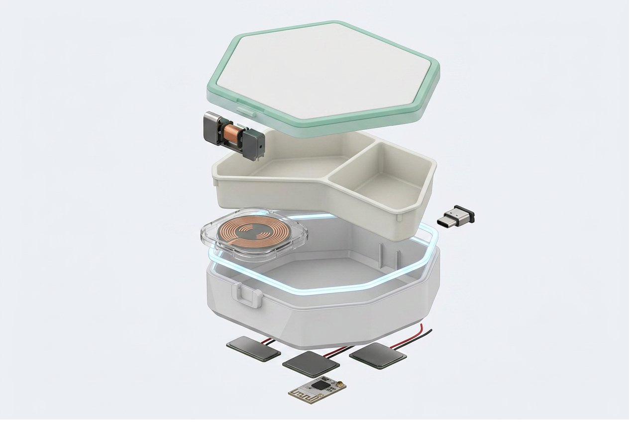 Exploded view rendering of the LIGHT BOX disassembled into its functional components - hexagonal lid with mint trim, electromagnetic lock with copper coil, three compartment trays, circular RFID reader with copper antenna rings, LED light ring, main body shell, three rectangular load cells with red and black wires, green PCB WiFi module, and USB-C port