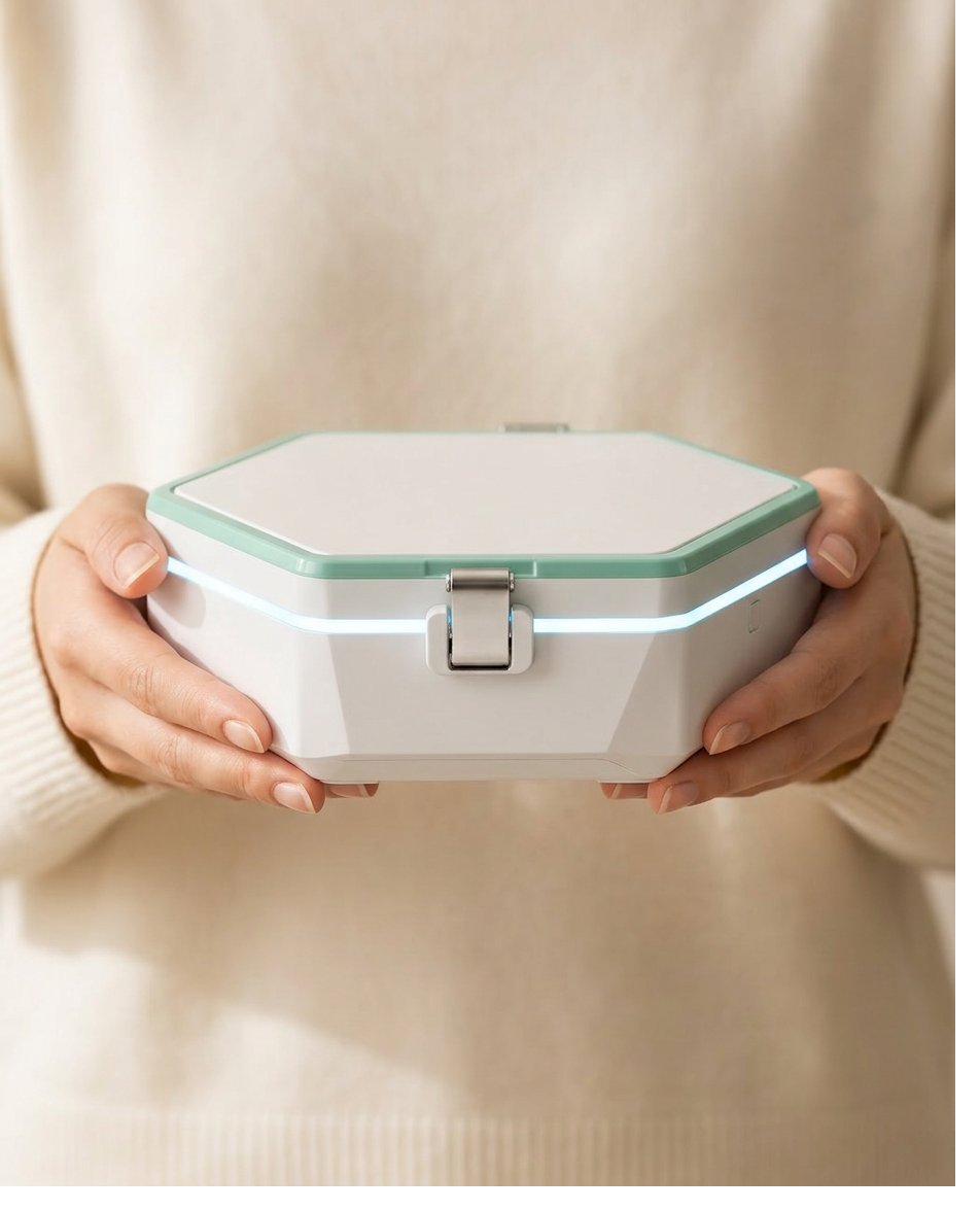 Female hands holding the closed LIGHT BOX at chest level, wearing a cream knit sweater - showing the size relative to a person's hands