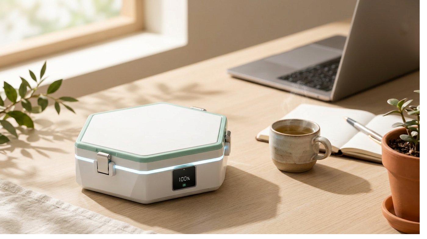 LIGHT BOX on a minimalist scandinavian wooden desk corner next to an Apple laptop, ceramic mug of herbal tea, leather notebook, and small succulent in clay pot - showing the product as part of a daily work ritual