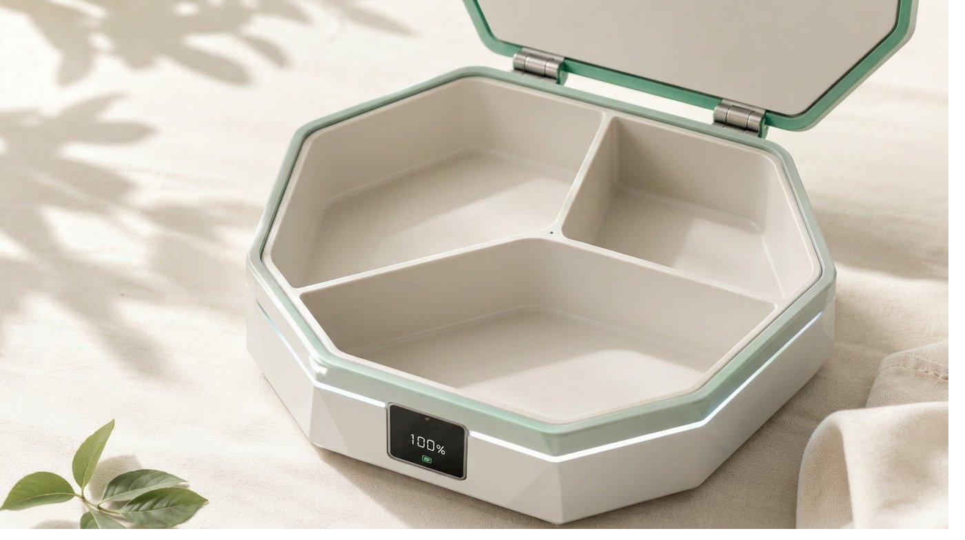 LIGHT BOX opened and empty, revealing three matte interior compartments, mint green lid trim, ambient LED light ring around the base, and the small status display showing battery level