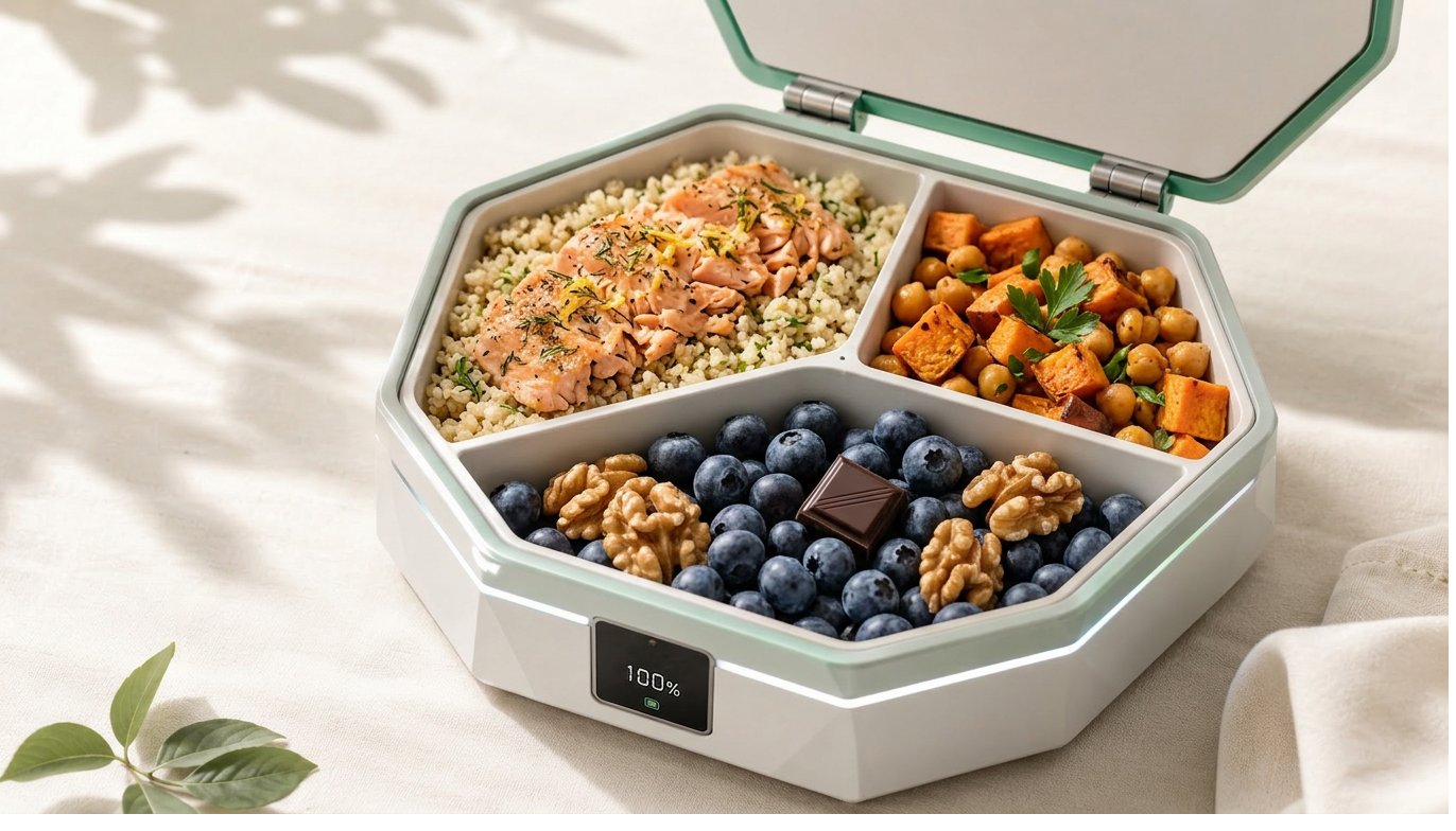 LIGHT BOX opened to reveal a Mediterranean lunch - salmon flakes with quinoa, roasted sweet potato with chickpeas, and blueberries with walnuts and dark chocolate - illustrating how the form factor adapts to different cuisines while enforcing balance