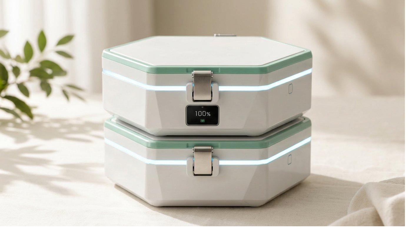 Two LIGHT BOX units stacked on top of each other showing the modular design - both with mint trim and glowing LED rings, one showing battery status on its display