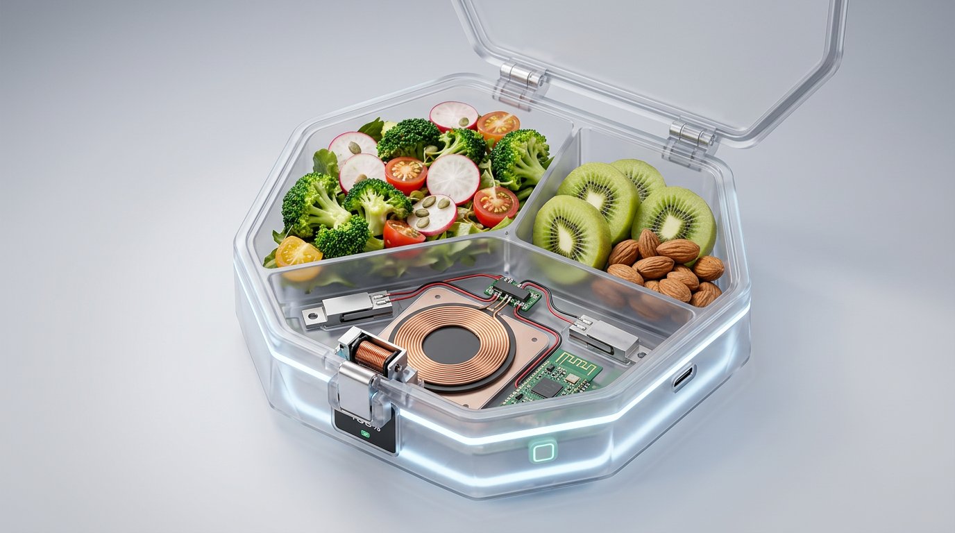 Semi-transparent x-ray view of the LIGHT BOX with food inside, revealing the embedded sensors - RFID coil under the lid, load cells beneath each compartment, WiFi PCB on the side, USB-C port, electromagnetic lock at the front, and main PCB connecting them all