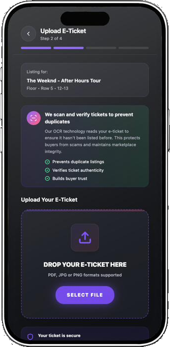 Upload e-ticket verification screen with verification states